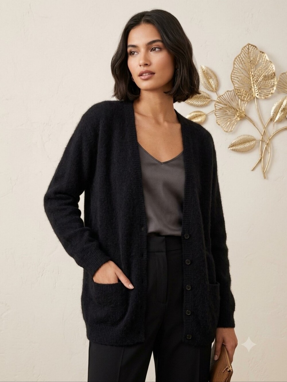 Vintage Lambswool Angora Black V-Neck Button Cardigan with Front Pockets Sz S